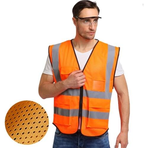 Hi Vis Orange Breathable Mesh Safety Reflective Vest Jacket With Pockets and Zipper