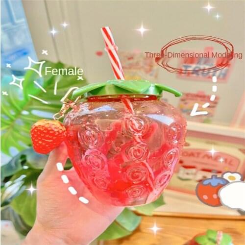 Ins Wind Net Red Strawberry Straw Cup Plastic Cup Cute Female Hand-held Milk Tea Cup Student Portable Water Cup Water Bottle