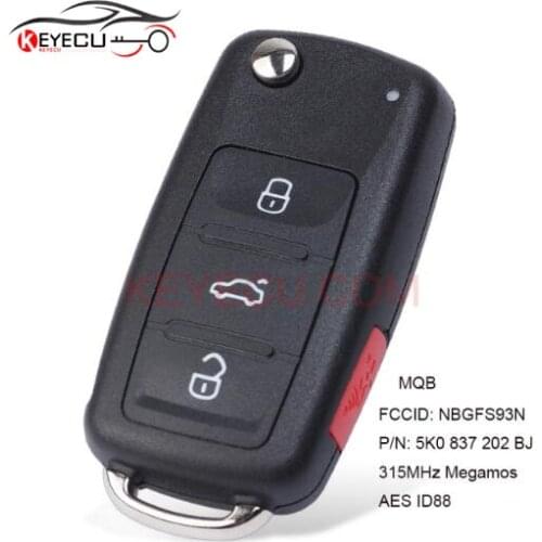 KEYECU NBGFS93N MQB 315MHz Megamos AES ID88 Flip Remote Car Key Fob for VW VolksWagen Jetta Passat 2017 2018 P/N: 5K0 837 202 BJ