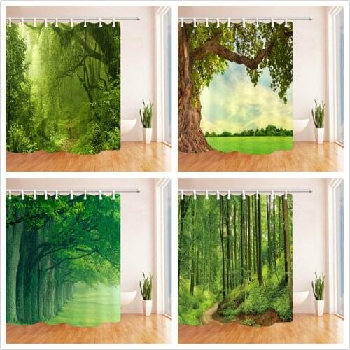 Forest Natural Scenery Shower Curtains Green Plant Leaf Bathroom Decor Hanging Cloth Curtain Set Waterproof Polyester With Hook