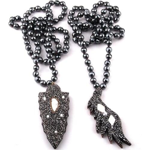 Fashion Bohemian Jewelry Faceted Hematite Stone Long Knotted Neck Handmake Paved Wings & Arrowhead Pendant Necklaces