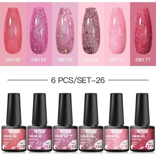 Mtssii 6PCS Glitter Uv Gel Nail Polish Soak Off UV LED Manicure Semi Permanent Varnish Matte Base Matte Top Coat Color Polish