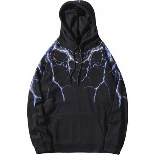 Hip Hop Lightning Mens Hooded Sweatshirt Couples Harajuku Streetwear Hooded Pullover Cotton Loose Hoodie Gothic Hipster Black