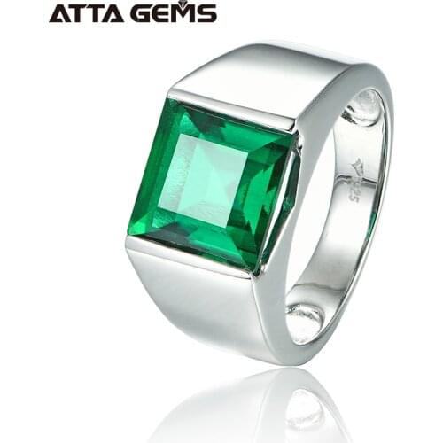 Emerald Sterling Silver Ring 925 Silver Jewelry 4.8 Carats in Square 10mm Created Emerald Green Color With Top Quality For Men