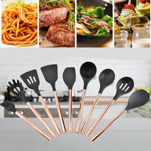 9pcs Silicone Cooking Utensils Set Non-stick Pot Resistance High Temperature Kitchenware with Rose gold handle Kitchen Supplies