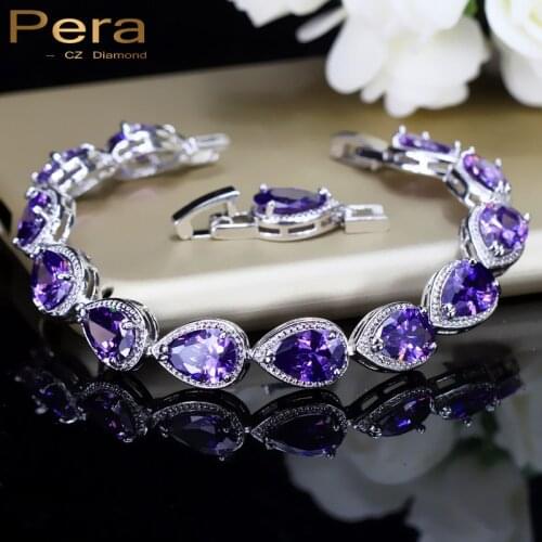 Pera New Arrival White Gold Color Purple Cubic Zirconia Stone Big Water Drop Shape Bracelet For Women Fashion Party Jewelry B002