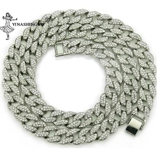 Iced Out Hip-Hop Luxury Bling Rhinestone Golden Finish Miami Cuban Link Chain Necklace Mens Hip Hop Necklace Jewelry Five Sizes