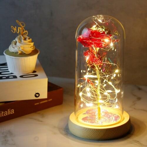 Mothers Day Gift Artificial Flowers Rose Beauty And Beast Rose In Glass Cover Home Decor LED Night Light Birthday Present