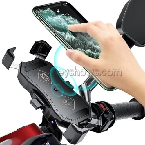 Stainless Steel Bicycle Motorcycle Phone Stand 360 Degree Rotatable Bracket 15W Wireless Smart USB Charger Semiautomatic Holder