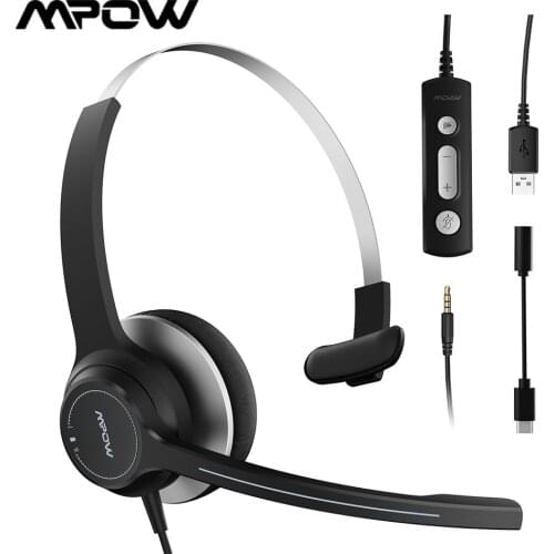 Mpow HC8 Wired Office Headsets Computer Headphones with Microphone Type-C/USB/3.5mm Plug for Skype Call Center PC Phones Tablet
