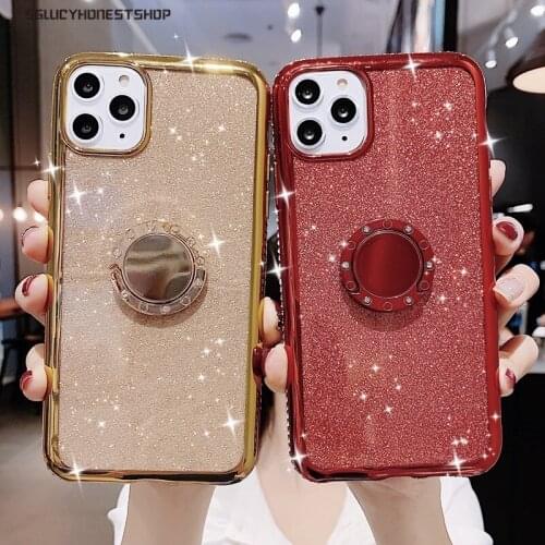Luxury Bling Glitter Diamond Phone Case For iPhone 13 12 11 Pro XR X XS Max 7 8 6 Plus SE2020 Metal Ring Holder Soft Cover Coque