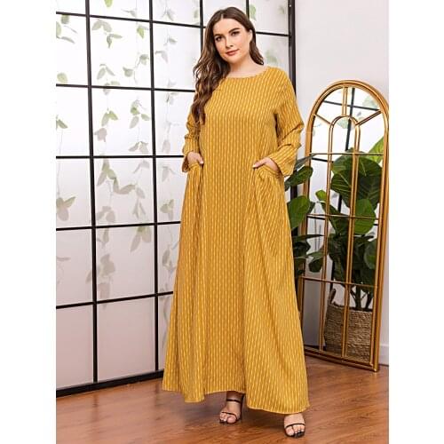 Loose Oversized Plus Size Women Clothing 2020 Autumn Long Sleeve Striped Print Casual Muslim Dress Pockets Maxi Long Dresses