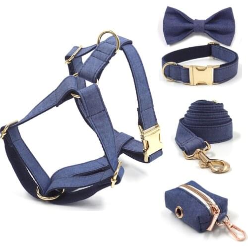 Dark Blue Denim Dog Harness for Medium Dogs No Pull Durable Heavy Duty Dog Collar with Walking Lead Fully Adjustable Pet Harness