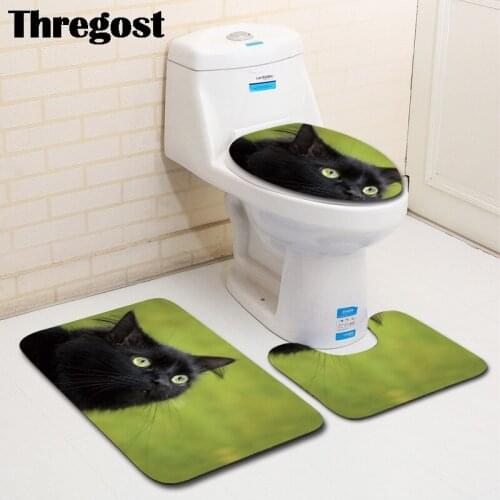 Thregost Animal Printed Toilet Mat 3pcs Set Shower Floor Non Slip Flannel Shower Carpet Memory Foam Bath Rug Microfiber Door Mat