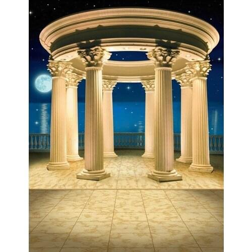 Roman column colonnade full moon sea ocean night background High quality Computer print wedding backdrop