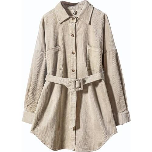 Women Oversize Jacket Belt Waist Female Outfit 2021 Womens Spring Jacket Vintage Corduroy Long Shirt Jacket Loose Coat