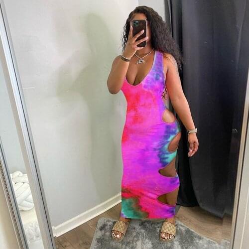 Plus Size Rainbow Tie Dye Print Tight Sundress Women Sexy Deep V Neck Sleeveless Party Dress Summer Side Hollow Out Maxi Dress