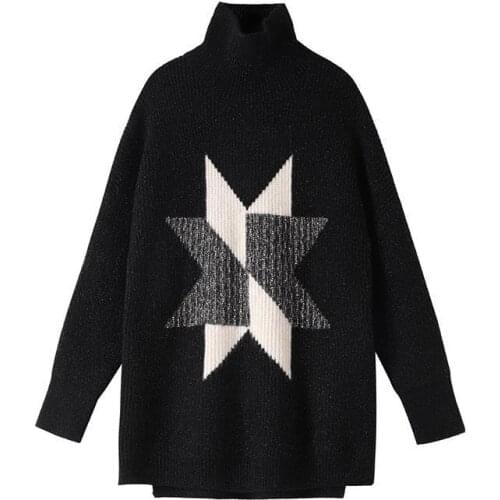 Bright silk geometry turtle neck women wear loose fashion sweater spring and autumn 2021 new style