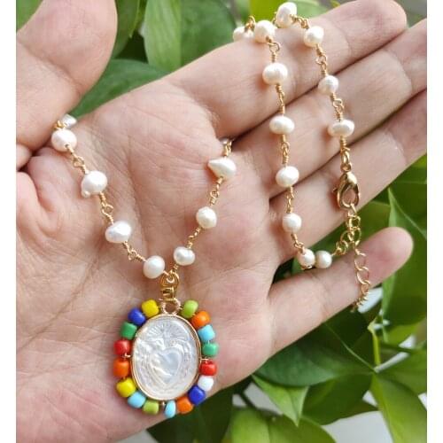 1pc 24*29mm Sacred Heart /San Benito & Lady Guadalupe Mother Pearl Natural Freshwater Pearl Necklace Grace Mother Pearl Necklace