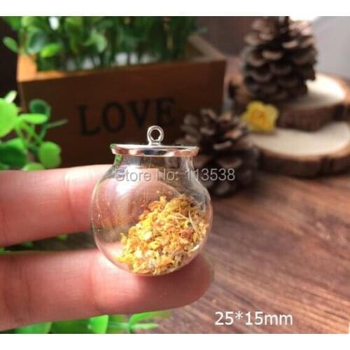 20sets/lot 25*15mm glass globe orbs & silver plated base jewelfy set glass vial pendant glass para perfume necklace