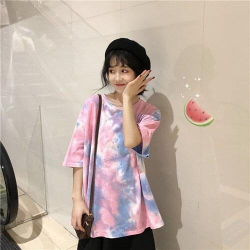 #2120 Summer Short Sleeve Tshirt Women Tie Die Loose T Shirts Female Streetwear Tees O-neck Plus Size T-shirt For Women Harajuku