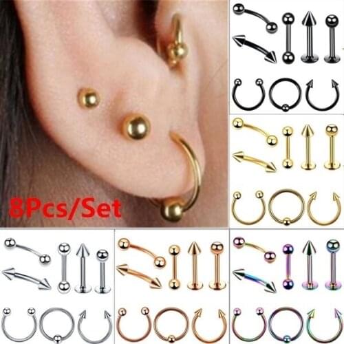 8Pcs Stainless Steel Nose Lip Ring Tragus Ear Piercing Helix Body Jewelry