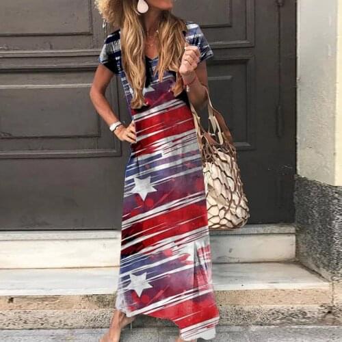 Independence Day Star Print V-Neck Dress Stars Dress Women American Flag Printed Sleeveless Festival Printed Long Skirt Dress