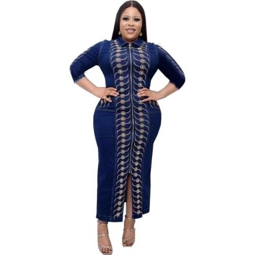 HHDMV 2021 fashion new women high street style long dresses long sleeve lapel dresses printed denim ankle-length dresses