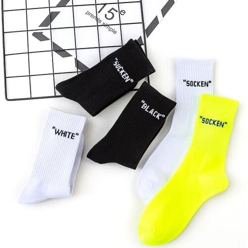 Street Fashion Cotton Adult Middle Crew Socks Socken Black Whie Ox 001 Fluorescein Lucifer Neon Yellow Daily Simple Letter Cute