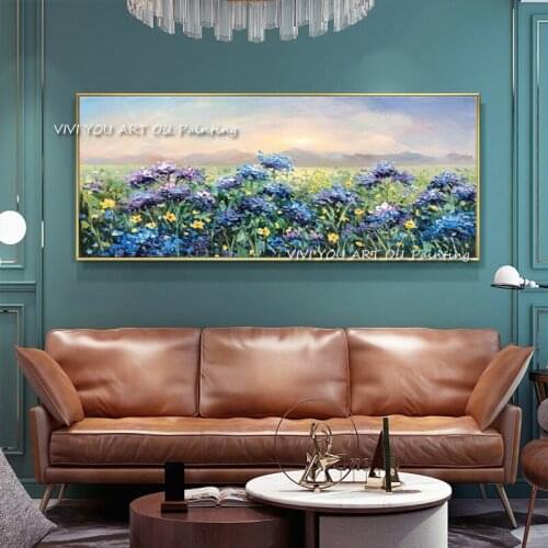 100% Handmade Blue Sky Colorful Flower Oil Painting Large Size For Living Room Wall Art Living Room Abstract Home Decoration