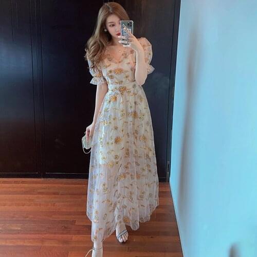 Dress Set 2021 Luxury Floral Embroidery See Through Sequined Mesh Maxi Dress Fashion Women Party Dresses