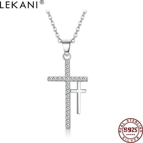 LEKANI 925 Sterling Silver Pendant Necklace Fashion Double Cross Set Diamond Pendant Romantic Party Jewelry Necklace Gift 2021