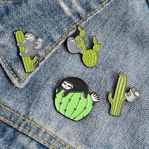 Sloth Cactus Lapel Pin Enamel Brooches Funny Animal Pin for Clothes Backpack Badges Cartoon Jewelry Gift For Friends Kids