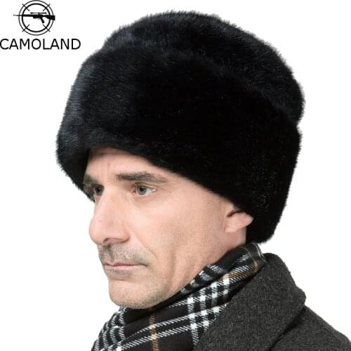 CAMOLAND Mens Winter Warm Hat Russian Ushanka Hats Faux Fur Protector Ear Cap Male Bomber Hat Black Army Caps
