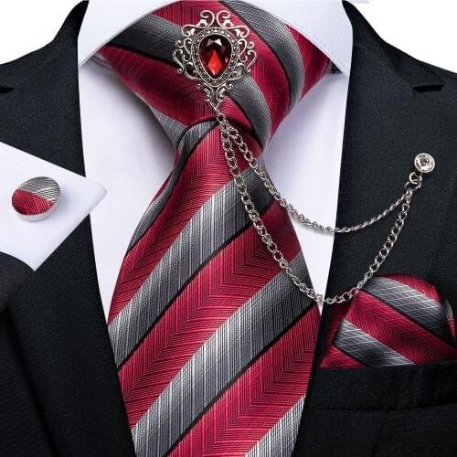 Fashion 8cm Red White Striped Ties For Men 100% Silk Business Wedding Necktie Handkerchief Set Tassel Red Crystal Brooch DiBanGu