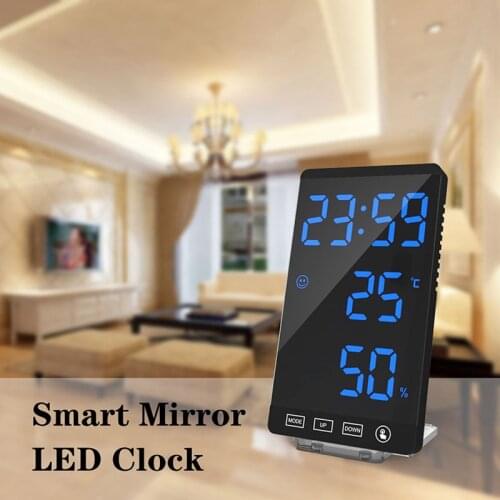 6inch LED Mirror Alarm Clock Touch Button Wall Digital Alarm Clock Time Temperature Humidity Display USB Output Port Table Clock