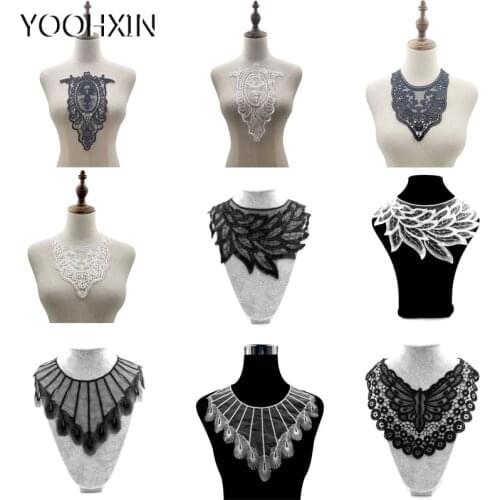 NEW cotton Ivory black embroidery flower lace collar Fabric Sewing Applique DIY guipure dubai ribbon trim neckline wedding decor
