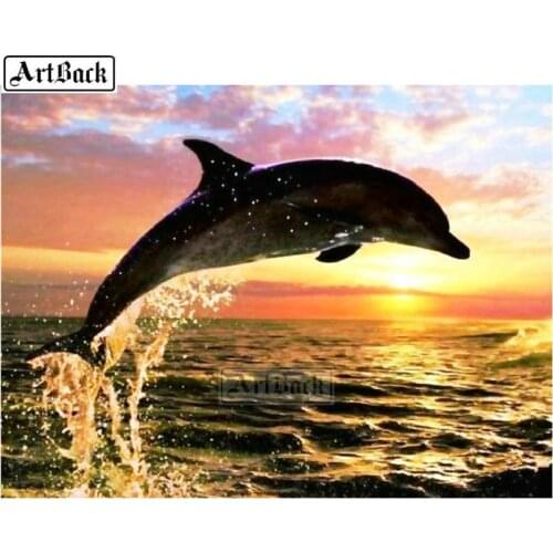 New 5d diy diamond painting sunset dolphins landscape full square 3D rhinestone resin mosaic plaster embroidery