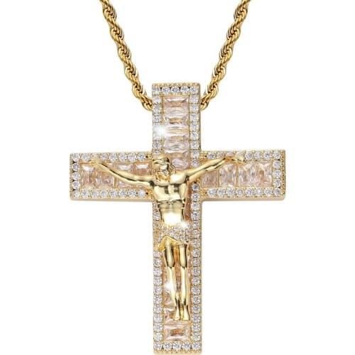 Hip Hop Mens Iced Out Gold Christ Cross Jesus Pendant Necklace Jewelry Gift For Men Women with Rope Chain