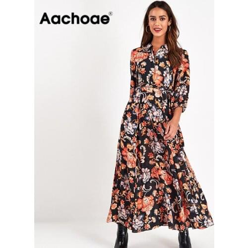 Aachoae Floral Print Long Maxi Dress Women Casual Turn Down Collar Shirt Dress Three Quarter Sleeve Bohemian Sashes Dresses