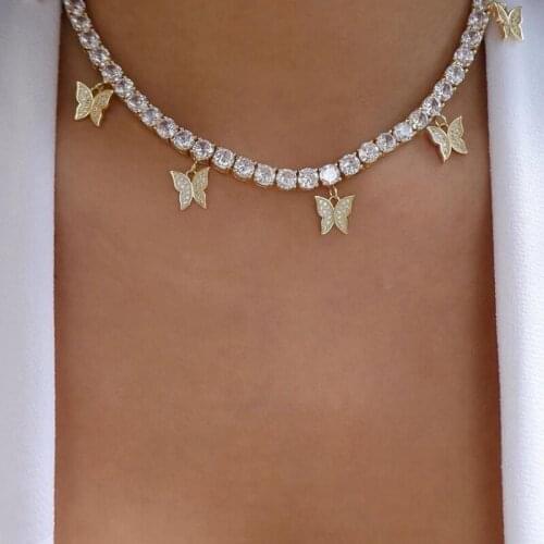 Luxury butterfly Tennis Chain choker Necklace Round Cubic zirconia Gold color sparking bling hip hop CZ charm women jewelry 2020