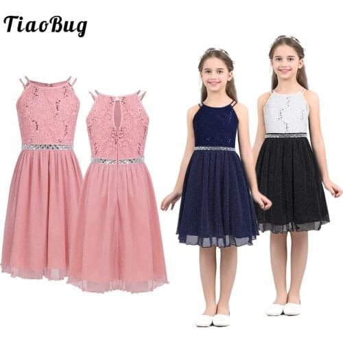 TiaoBug Summer Kids Girls Sleeveless Sequined Floral Lace Shiny Crystals Dress For Birthday Party Casual Wedding Dance