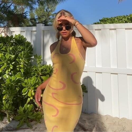 URIFENS Midi Long Dress 2021 Spring And Summer O Neck Halter Beach Dress Women Casual Print Backless Sexy Knit Dresses BN92U