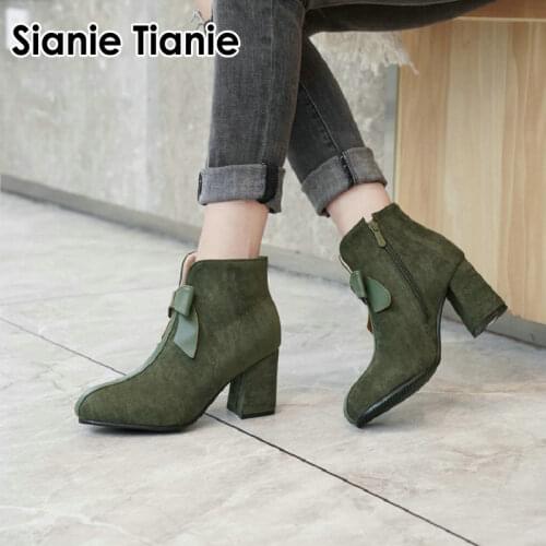 Sianie Tianie 2020 winter warm plush woman boots olive green cute block high heels women ankle boots with butterfly-knot size 44