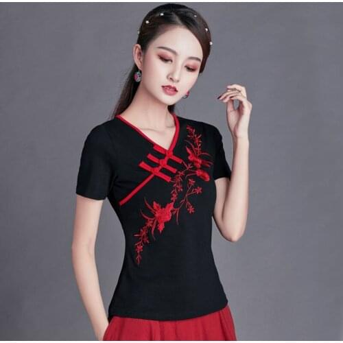 Cheongsam Womens Plus Size Short Tops 2021 Summer Fashion Cotton Blend Embroidery Cheongsam Slim fit Chinese Qipao Shirts Woman