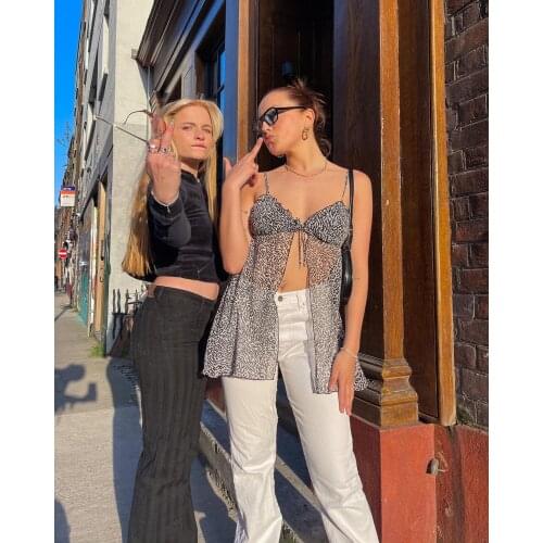 Women’s Summer Sexy Bandage Cardigan Fashion Leopard V-neck Exposed Navel Suspender Tops