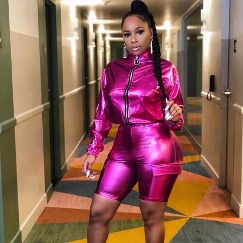 Sexy Solid PU Leather Two Piece Set Women Zipper Turtleneck Long Sleeve Top and Shorts Suits Party Clubwear Matching Set Outfits
