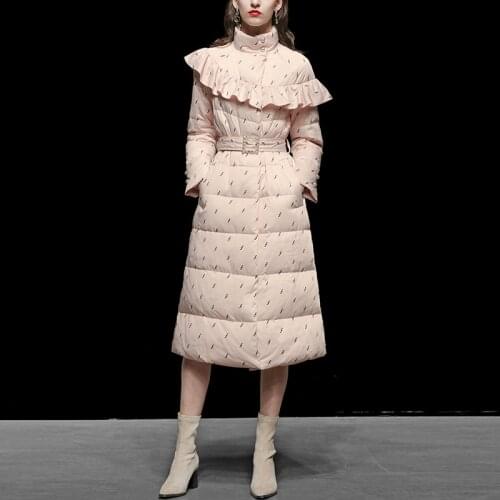 Winter Womens Was Thin Ruffles stitching Warm Coat Long Fluffy Down Coat Female Was Thin Thick Warm Down Jacket With Belt F2558