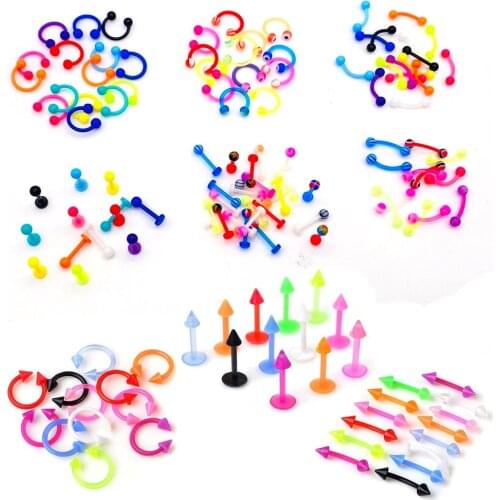 10Pcs/Lot Acrylic Colorful Nose Rings Lip Labret Piercing Barbell Tongue Ring Belly Ring Eyebrow Silicone Body Jewelry