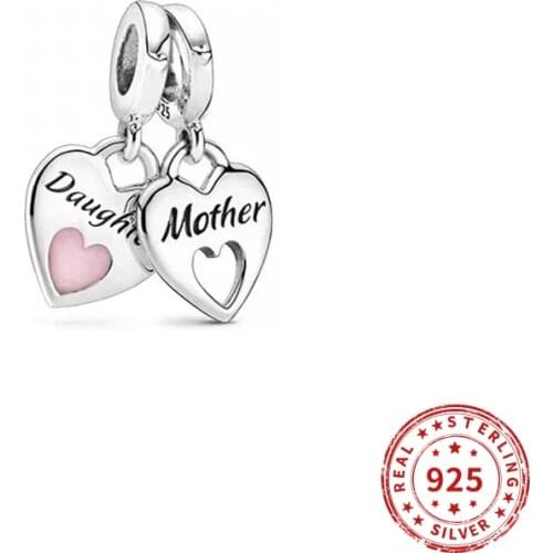 2020 Original Real 925 Sterling Silver Beads Mother & Daughter Double Heart Split Dangle Charms Bracelet DIY Women Jewelry